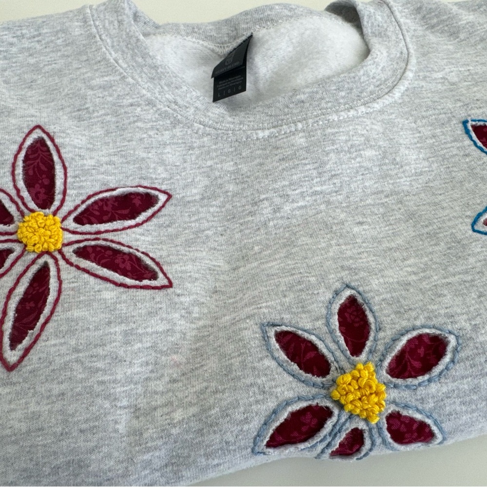 Boho Cottagecore Hand Embroidered Floral Sweatshirt One of a Kind Women’s L - Picture 7 of 10